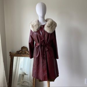 Vintage Pleather Maroon Fur Collar Coat w Belt